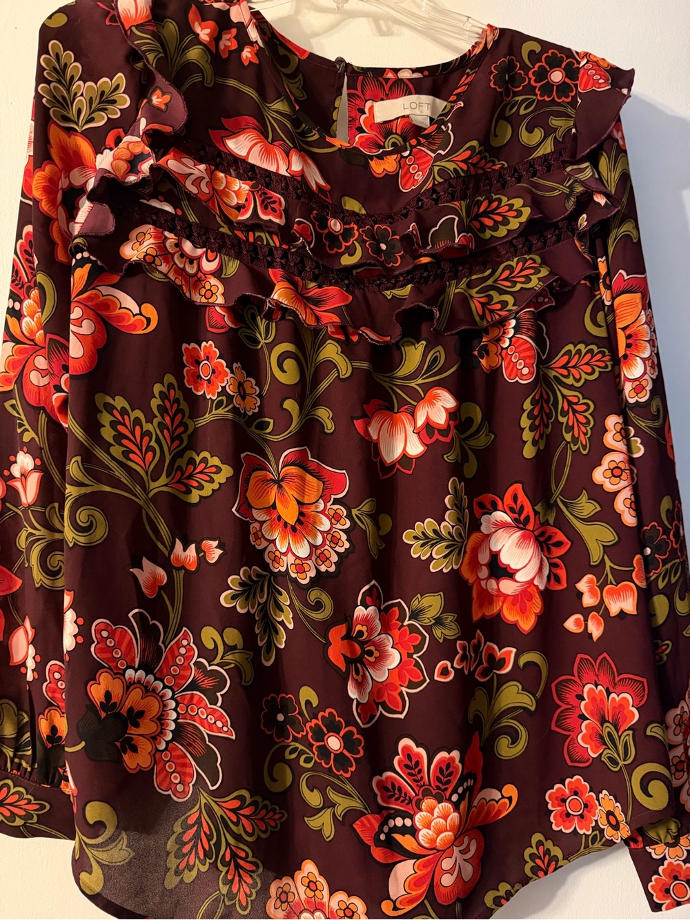 LOFT Plum Floral Ruffle Top with Orange and Olive Accents